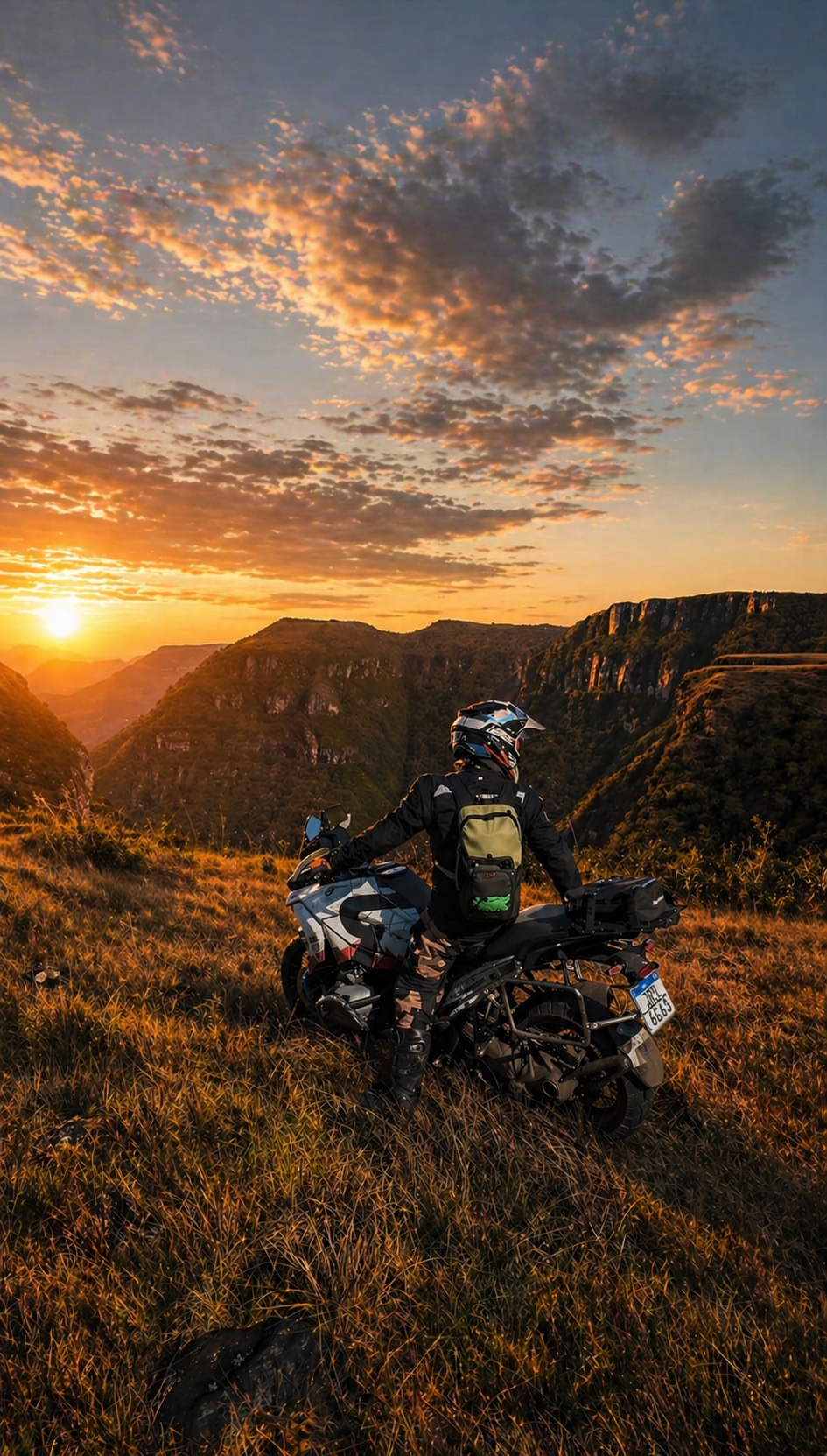 Motociclista contemplando vale
