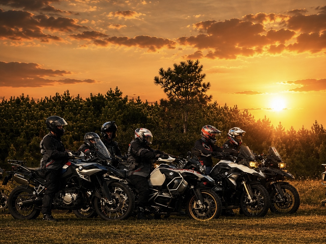 Motociclistas BMW GS ao pôr do sol
